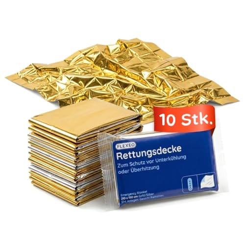 FLEXEO 10 &times; Rettungsdecke Gold/Silber, 210 &times; 160 cm | Rettungsfolie, Notfall, Erste-Hilfe-Decke, Notfalldecke, Emergency Blanket | Goldfolie/Silberfolie